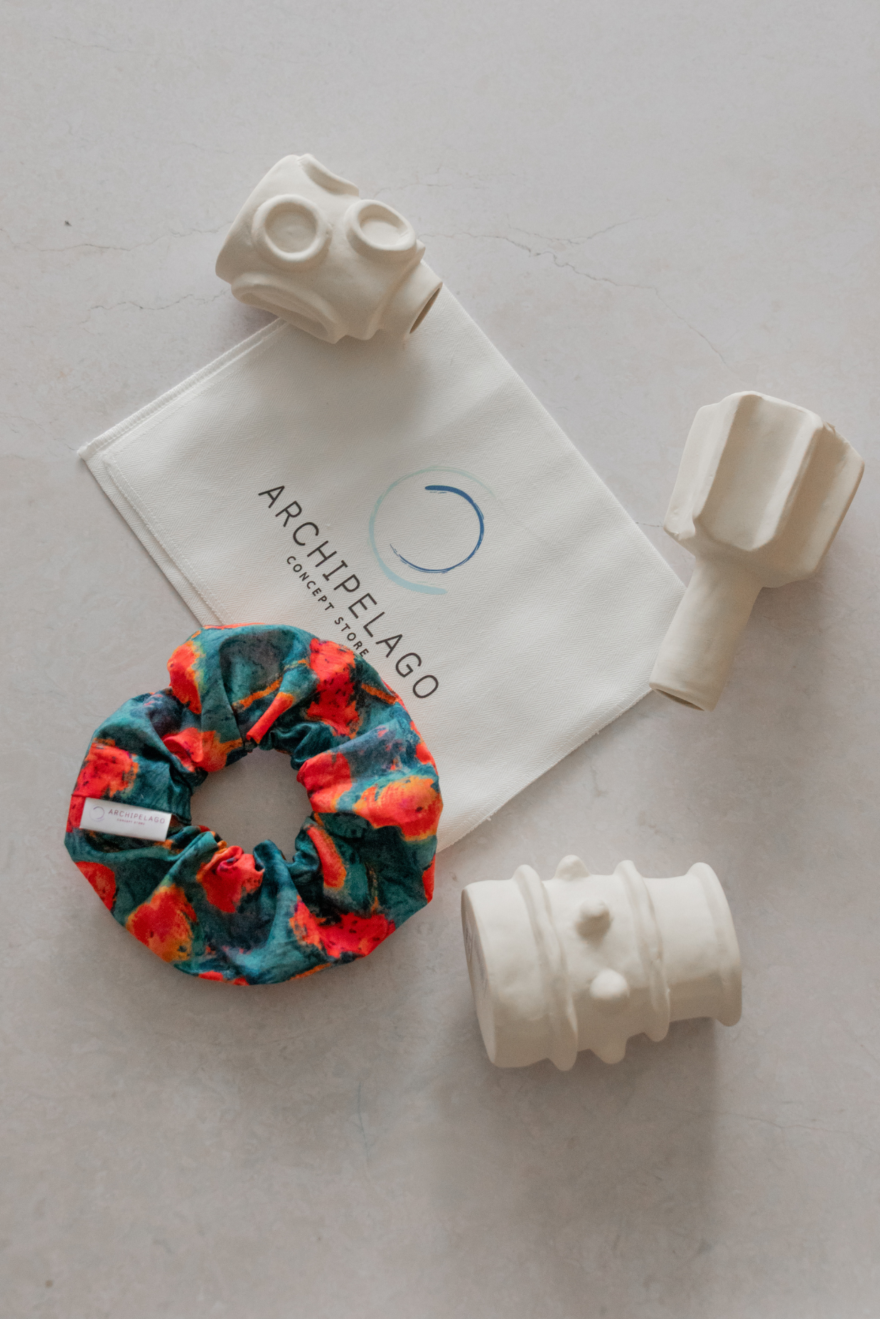 Summer Blues scrunchie with the Archipelago Pouch and some ceramics