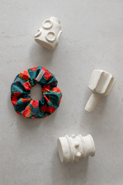Summer Blues scrunchie among ceramic bases 